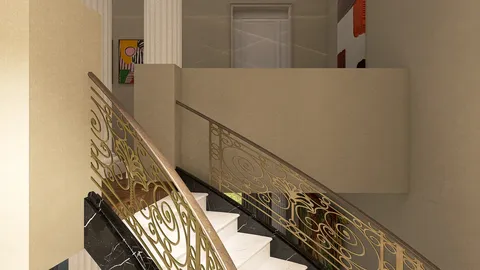 Stunning staircase with elegant railing design showcasing luxurious interior decor style in a spacious residential space; featuring Homestyler's real-time 3D rendering for design proposal display.