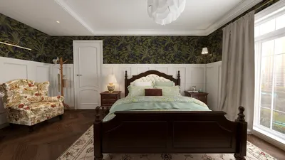 Elegant bedroom featuring a traditional wooden bed with soft bedding, designed with a floral armchair and incorporating a vintage wallpaper style, optimizing small space functionality with real-time 3D rendering from Homestyler.