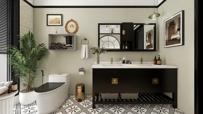 modern bathroom featuring a sleek black vanity and decorative wall art, showcasing interior design with Homestyler's smart furniture arrangement feature to optimize space utilization.