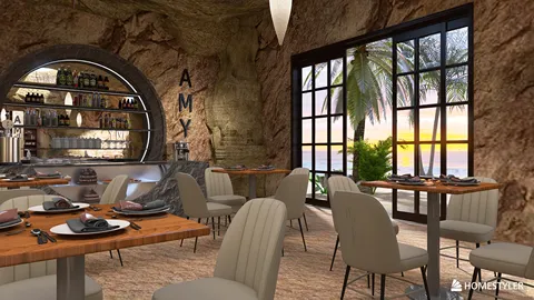 cozy restaurant interior showcasing a beach view with elegant dining setup featuring natural elements and modern design, utilizing Homestyler's real-time 3D rendering feature.