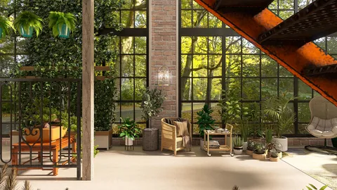 spacious living room with indoor plants and cozy seating arrangement featuring natural light and open space design, showcasing Homestyler's real-time 3D rendering ability