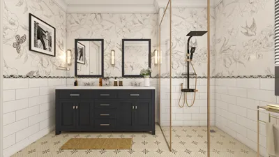 Elegant bathroom design featuring a stylish dark vanity and floral wallpaper, showcasing a modern shower setup with gold accents, enhancing the aesthetic of this cozy space with Homestyler's real-time 3D rendering feature.
