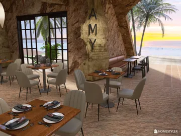 Modern restaurant interior featuring wooden tables and elegant chairs with a beach view, utilizing Homestyler's real-time 3D rendering for design proposals.