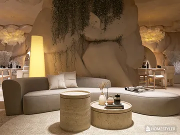 Cozy living room featuring a curved sofa and minimalist coffee tables in warm tones, showcasing an organic design style that enhances the natural atmosphere of the space, utilizing Homestyler's real-time 3D rendering for an immersive interior decor experience.