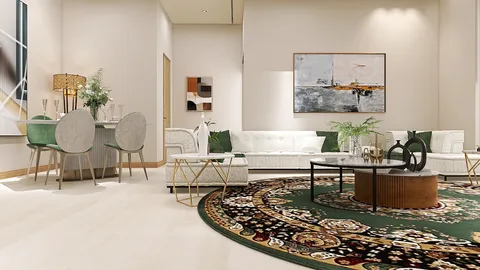 modern living room with elegant seating arrangement and decorative rug, showcasing interior design principles with Homestyler's real-time 3D rendering feature.