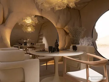 Cozy dining area featuring a sculptural design with soft textures, illuminated by unique hanging lights, showcasing an organic style that enhances the space's aesthetic value, utilizing Homestyler's real-time 3D rendering.