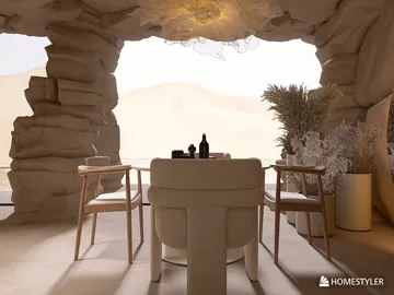 rustic dining area design featuring textured rock walls and minimalist furniture creating an organic atmosphere with a focus on intimate gatherings, showcasing Homestyler's real-time 3D rendering feature.