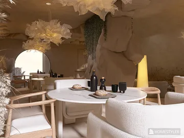 Elegant dining area featuring a round table set for a meal with modern chairs, designed in a natural theme, utilizing Homestyler's real-time 3D rendering for instant visualization.