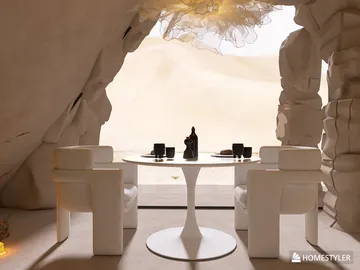 minimalist dining area featuring round table and modern chairs in a natural stone setting, showcasing a unique interior design concept using Homestyler's real-time 3D rendering functionality.