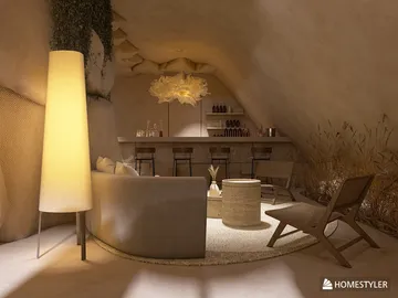 Cozy lounge area featuring a modern sofa and wooden chairs, designed for comfort and relaxation in an organic style, showcasing interior design using Homestyler's real-time 3D rendering.