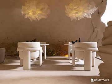 modern dining area with minimalist furniture in a cozy, organic design style, showcasing interior decor optimization using Homestyler's real-time 3D rendering feature.