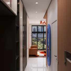 A hallway interior with smart furniture arrangement optimizing space, featuring a modern style that enhances functionality and aesthetics, utilizing Homestyler's real-time 3D rendering for design visualization.