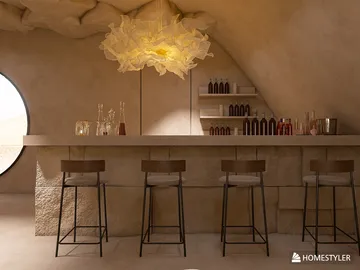 modern bar area with organic stone texture featuring a unique pendant light design, showcasing interior decor ideas using Homestyler's real-time 3D rendering feature.