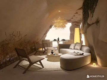 cozy cave-inspired lounge area featuring soft seating and warm lighting in a natural style, perfect for interior design inspiration with Homestyler's real-time 3D rendering.