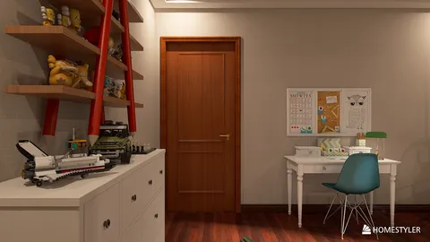 children's room with a study area featuring a desk and shelves displaying toys, designed in a modern style for optimized space utilization using Homestyler's smart furniture arrangement feature.