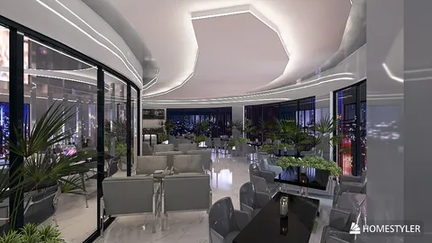 modern lounge interior design showcasing a sleek layout with stylish seating and greenery, utilizing Homestyler's real-time 3D rendering for quick visual previews.