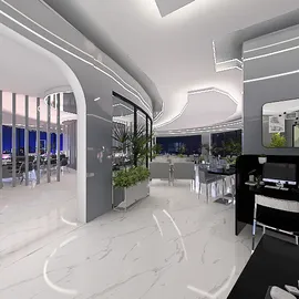 modern interior design showcasing a sleek restaurant layout with a contemporary style and elegant furniture arrangement, featuring real-time 3D rendering capabilities to preview renovation outcomes.