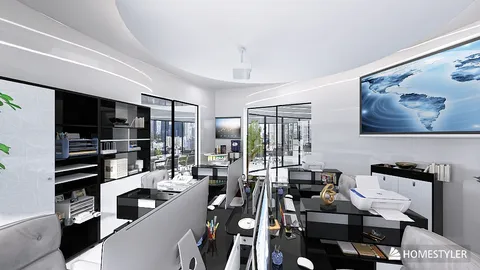 modern office design showcasing interactive workspace optimization in a sleek, minimalist style featuring homestyler's real-time 3D rendering capability