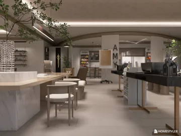 Contemporary commercial space design featuring a minimalist layout with wooden furniture arrangement, utilizing Homestyler's intelligent furniture placement feature for optimizing small business environments.