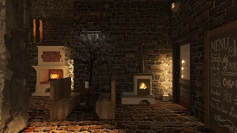 rustic stone fireplace design showcasing a warm ambiance in a cozy dining area, featuring smart furniture arrangement for optimal space use using Homestyler's 3D rendering capabilities.