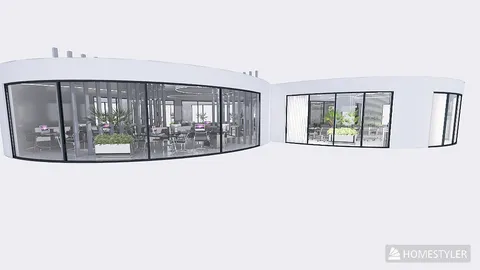 modern office building design showcasing an open layout with large glass windows and greenery, featuring interior decor elements; utilizing Homestyler's real-time 3D rendering for visual preview.