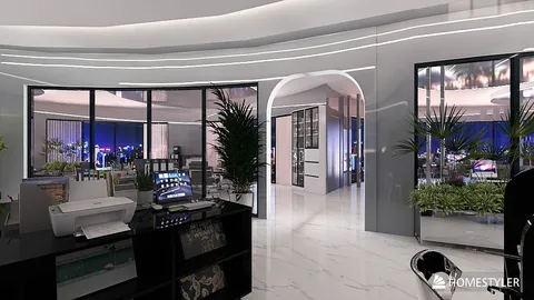 modern interior office design featuring a sleek reception area with glass walls and potted plants, showcasing intelligent furniture arrangement for optimal space utilization, utilizing Homestyler's real-time 3D rendering feature.