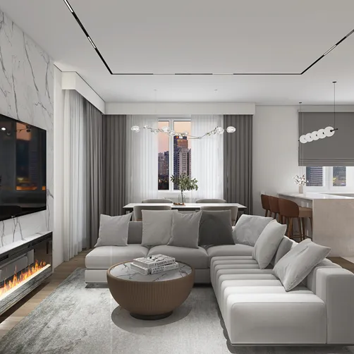 modern living room with cozy sectional sofa and sleek TV setup featuring real-time 3D rendering for interior design preview using Homestyler