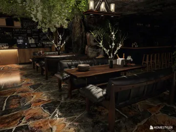 restaurant seating arrangement featuring wooden tables and leather chairs in a rustic style, creating a cozy dining atmosphere with Homestyler's real-time 3D rendering feature.