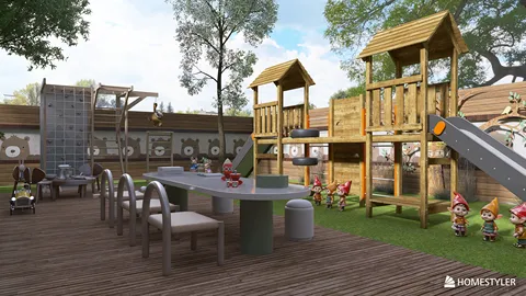 Outdoor play area with wooden play structures and seating arrangement, featuring a playful design aesthetic for family-friendly spaces; showcasing Homestyler's real-time 3D rendering capability.