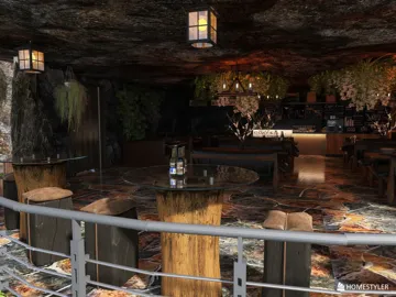 Rustic wooden bar with natural stone decor and ambient lighting in a cave-themed restaurant design, featuring homestyler's real-time 3D rendering for an immersive dining experience.