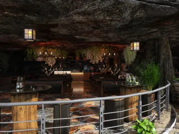 3D rendered interior of a cave-themed café featuring rustic wooden tables and botanical decorations, showcasing Homestyler's real-time 3D rendering for immersive design previews.