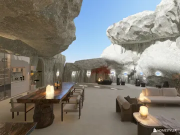 cave-inspired interior design featuring a spacious dining area and natural rock formations, showcasing a modern organic style that emphasizes harmony with nature, utilizing Homestyler's real-time 3D rendering to provide a detailed preview of the design.