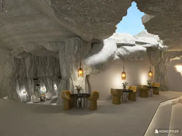 Cave-inspired interior design featuring natural stone textures and ambient lighting, creating a unique dining space with intimate seating arrangements. Utilize Homestyler's real-time 3D rendering for design previews.