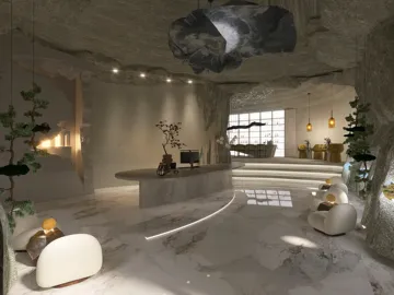 Modern interior space featuring a sleek reception area with natural stone textures, showcasing a unique organic design style. Ideal for creating immersive environments using Homestyler's real-time 3D rendering.