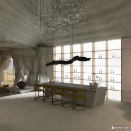 modern bar area featuring a sleek counter design with elegant seating, showcasing unique lighting fixtures, emphasizing luxury and style in interior decor, utilizing Homestyler's real-time 3D rendering functionality.