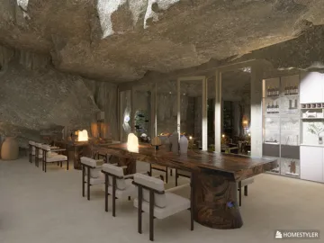 modern dining area featuring a natural cave-inspired design with a large wooden table and elegant seating, emphasizing indoor decor with homestyler's real-time 3D rendering capabilities for creating realistic design previews.
