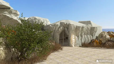 rocky exterior entrance featuring natural stone formations and landscaped plants, creating a rustic outdoor ambiance for modern architecture; showcasing Homestyler's real-time 3D rendering functionality.