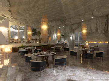 restaurant interior dining setup with elegant lighting in a cave-like atmosphere, showcasing a cozy dining experience, featuring Homestyler's real-time 3D rendering for design preview.