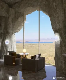 cozy seating area with stunning view design featuring modern style in a natural cave setting with Homestyler AR virtual furniture placement functionality
