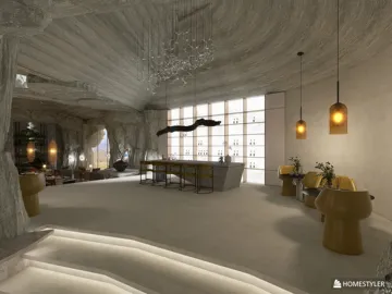 modern living space featuring an organic design with unique light fixtures and a bar area, showcasing 3D interior design using Homestyler's real-time rendering feature for an immersive experience.