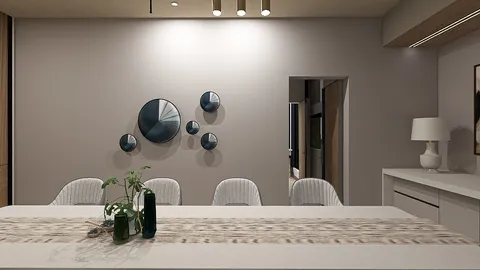Modern dining area featuring a sleek table design with minimalist decor accents and wall art, exemplifying contemporary interior decor with Homestyler's real-time 3D rendering capability.
