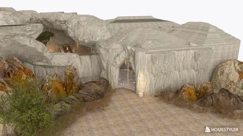 modern building surrounded by natural stone and greenery with a unique architectural design showcasing a blend of indoor and outdoor spaces using Homestyler's real-time 3D rendering feature.