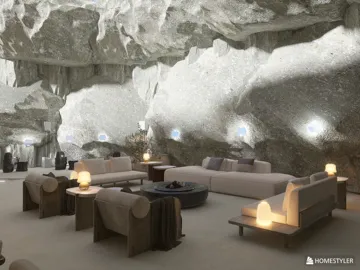 Modern cave-style living room design featuring soft sofas and ambient lighting, showcasing a cozy atmosphere perfect for relaxation; utilizes Homestyler's real-time 3D rendering for effect preview.