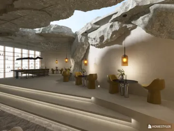 modern dining area with rock-inspired decor using Homestyler's real-time 3D rendering feature for enhanced interior visualization