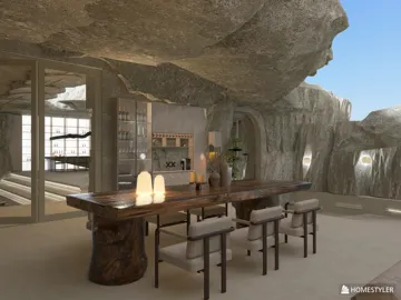 A unique dining area featuring a rustic wooden table and elegant chairs, designed using Homestyler's smart furniture arrangement feature, showcasing an organic style with natural elements, perfect for a contemporary cave-like space.