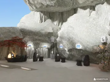 cave interior design featuring natural stone seating and decorative elements, creating a serene meditation space, enhanced by Homestyler's real-time 3D rendering functionality.
