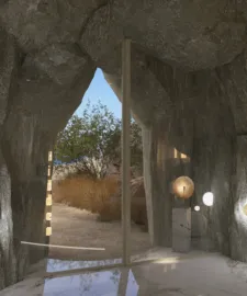 natural cave interior with modern lighting design elements showcasing unique textures and materials for an organic living space, utilizing Homestyler's real-time 3D rendering feature.