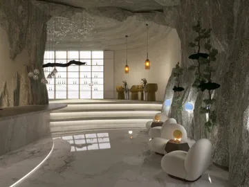 modern interior design featuring a cave-inspired lounge area with stylish seating and elegant lighting, showcasing Homestyler's real-time 3D rendering for an immersive design preview.