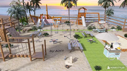 playground design featuring swings and slides arranged in a beach setting with palm trees, showcasing an outdoor space for family enjoyment, utilizing Homestyler's real-time 3D rendering for accurate visualization.