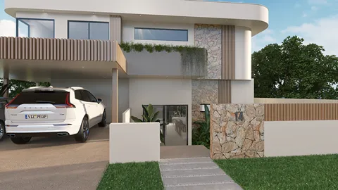 modern house exterior showcasing a stylish entrance with stone cladding and greenery, designed using Homestyler's real-time 3D rendering feature for enhanced visual presentation.